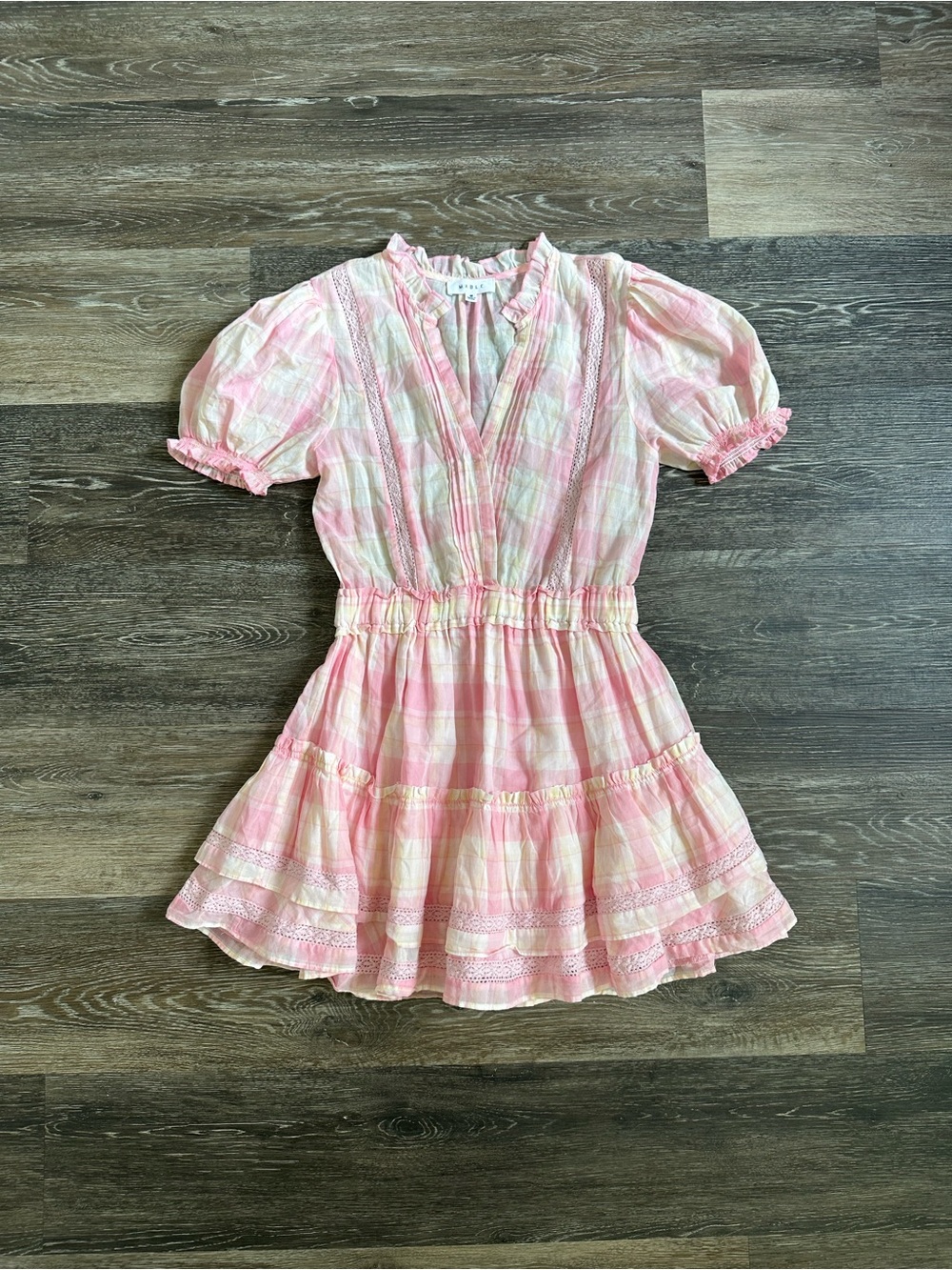 MABLE Pink Gingham Tiered Cotton Mini Dress Puff Sleeve Lace Trim Medium